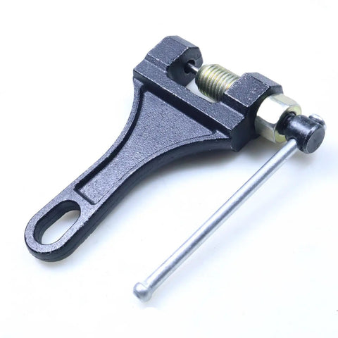 Heavy Duty Chain Breaker Tool For Motorcycle ATV Dirt Pit Bike Go Kart Scooter And Bicycle Chains 420 428 520 525 528 530 Ideal For DIYers And Quick On The Fly Chain Breaks made of heavy-duty iron, showing angled view