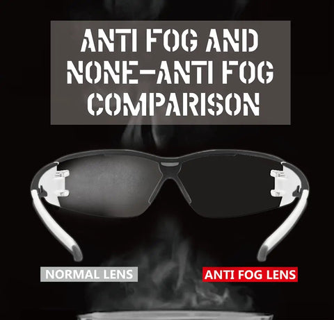 Ultra Flexible Anti Fog Wraparound Safety Glasses, 2 Pack With Clear And Smoke Lenses, showing anti-fog vs normal lens comparison.