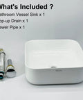 Square Ceramic Vessel Sink For Bathroom 15 By 15 Inch Above Counter White Vanity Basin With Pop Up Drain, shown with included accessories
