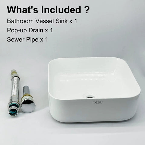 Square Ceramic Vessel Sink For Bathroom 15 By 15 Inch Above Counter White Vanity Basin With Pop Up Drain, shown with included accessories