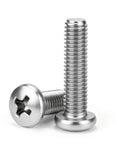 M2 X 10mm Pan Head Machine Screws 50 Pack Phillips Drive 304 Stainless Steel fully threaded, showing screw heads and threads.