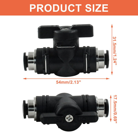 5 Pack 6mm Pneumatic Ball Valve With Push To Connect Quick Connect Fittings, size dimensions shown, durable construction