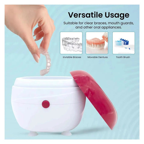 Portable Ultrasonic Denture And Retainer Cleaner Case With Automatic Wash Feature And Built In Filter for clear braces