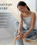 Woman seated holding foot, text on image: 'Fast Pain Relief', sports protection benefits including sprained ankle and bone spurs.