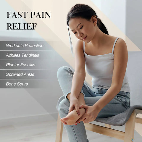 Woman seated holding foot, text on image: 'Fast Pain Relief', sports protection benefits including sprained ankle and bone spurs.
