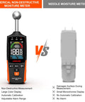 Pinless Moisture Meter With Ball Probe for Non Destructive Area Scans on Wood Walls with digital display comparison chart
