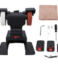 Walfront 18 Volt Cordless Mini Bench Grinder With 200 Watt Power And 7000 Rpm Speed showing dual grit wheels, battery pack, and tools for precision grinding.