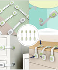 No Drill Kid Safe Cabinet Locks With Adhesive Backing 4 Pack One Hand Install shown on cabinets and drawers