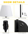 Set of 2 Modern Bedside Lamps with Ivory White Barrel Shade and Sleek Silver Metal Base, dual USB ports, E26 socket, pull chain.