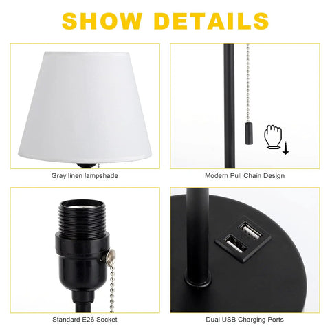 Set of 2 Modern Bedside Lamps with Ivory White Barrel Shade and Sleek Silver Metal Base, dual USB ports, E26 socket, pull chain.