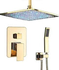 Gold Shower System With 12 Inch LED Square Rainfall Shower Head Ceiling Mount And Handheld Sprayer Rough In Valve Trim Kit