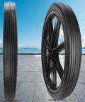Profile and side view of Flat Free 20 By 2.125 Inch Replacement Tire for wheelbarrow carts, heavy-duty polyurethane, on a patio backdrop.
