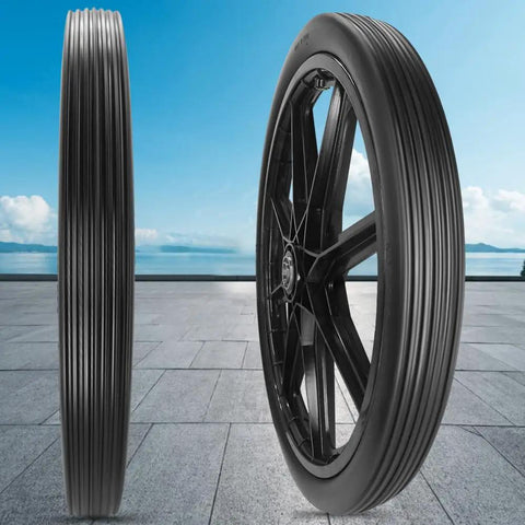 Profile and side view of Flat Free 20 By 2.125 Inch Replacement Tire for wheelbarrow carts, heavy-duty polyurethane, on a patio backdrop.