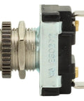 Side view of red momentary push button switch for AC DC power, panel mount, with heavy-duty nylon terminals for 14-gauge wire