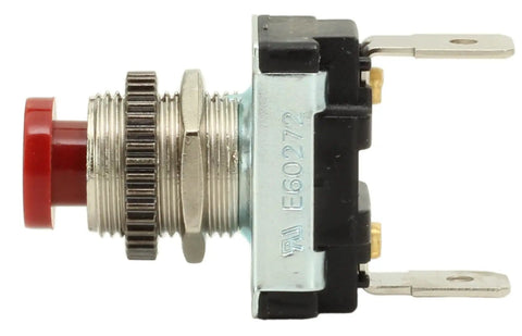 Side view of red momentary push button switch for AC DC power, panel mount, with heavy-duty nylon terminals for 14-gauge wire