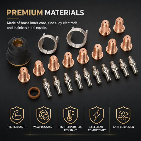 24Pcs Plasma Cutter Consumables Kit With Brass Electrodes And Torch Tips Pro Grade Brass Electrode Pack displayed