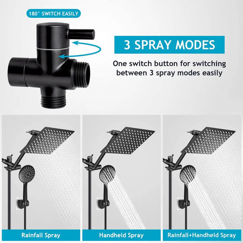 Image showing 3 spray modes of the 8 Inch Rain Shower Head With 11 Inch Adjustable Arm And 60 Inch Hose, Matte Black Finish.