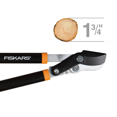 Go-To 28-Inch Power-Lever Bypass Lopper For Tree Trimming slicing through 1.75-inch branch, sharp precision-ground steel blade visible.
