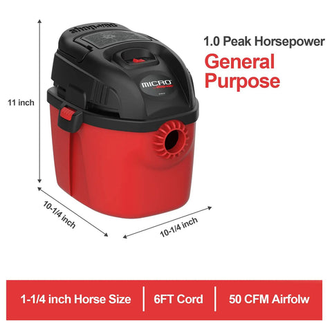 Micro Wet Dry Vacuum Portable 1 Gallon Vac with Collapsible Handle and Wall Bracket 1 HP Peak Power, red unit view with dimensions.