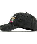 Funny RV Caravan Lover Hat For Travelers Unisex Baseball Cap Trucker Style Sun Hat side view on white background