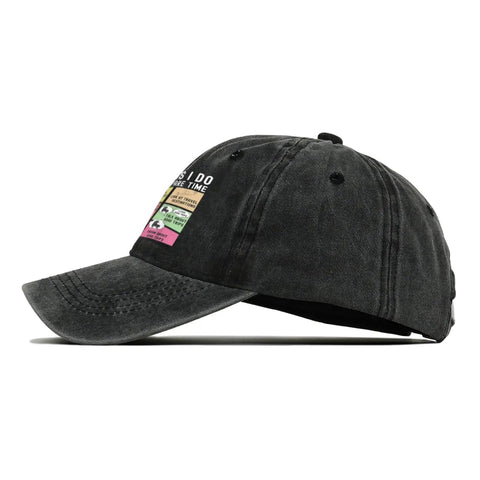 Funny RV Caravan Lover Hat For Travelers Unisex Baseball Cap Trucker Style Sun Hat side view on white background