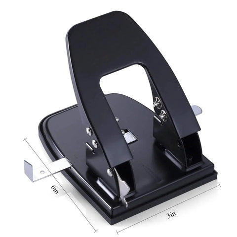 Black two hole punch with 30 sheet capacity, workhorse metal paper punch for home office and professional use, adjustable guide visible