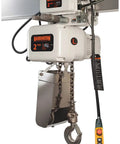 Top Shelf Three Phase Electric Chain Hoist With Single Speed Trolley Hook Mount Rig Two Ton Capacity Ten Foot Lift FDA Approved food grade oil with nickel plated chain.