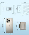 Dimensions of Square Brass Shower Body Spray Jets 2.63 Inch Shower Head compared to iPhone16, showing 24 nozzles and NPT 1/2 inch mount.