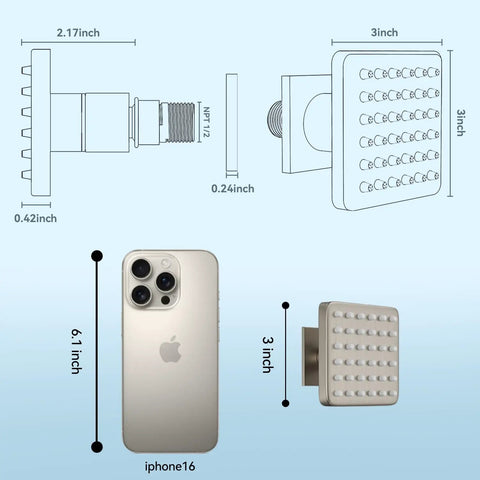 Dimensions of Square Brass Shower Body Spray Jets 2.63 Inch Shower Head compared to iPhone16, showing 24 nozzles and NPT 1/2 inch mount.