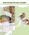 No Sweat Semi Enclosed Automatic Bird Feeder With Generous Fifty Ml Seed Stash For Parrots Canaries And Cockatiels Easy Open Lid showing husk separation for easy cleaning.