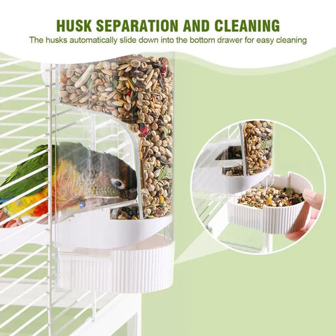 No Sweat Semi Enclosed Automatic Bird Feeder With Generous Fifty Ml Seed Stash For Parrots Canaries And Cockatiels Easy Open Lid showing husk separation for easy cleaning.