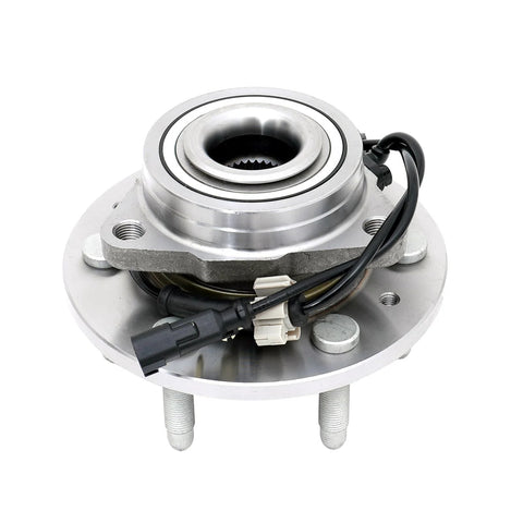 Front Wheel Bearing Hub Assembly For 2014-2018 Chevy Silverado 1500 4WD, 2015-2020 Tahoe, Suburban, Yukon 4WD, 2014-2018 GMC Sierra 1500 4WD Replacement Heavy-Duty OEM-Grade Wheel Hub Module For Durable Performance, featuring a metallic hub with integrated ABS sensor and wires, suitable for 6-lug 4WD models.