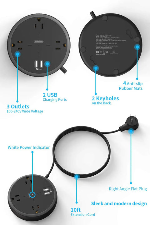 Diagram of 10 Foot Flat Plug Extension Cord With USB Port, showcasing three outlets, two USB ports, and wall-mountable design.