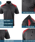 Mens Short Sleeve Color Block Polo Shirt Midweight Performance Work Top Black Red with chest pocket and flat-knit collar.