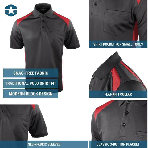 Mens Short Sleeve Color Block Polo Shirt Midweight Performance Work Top Black Red with chest pocket and flat-knit collar.