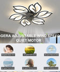 25.6 Inch Bladeless Ceiling Fan With Remote And Light, shown on ceiling with wind speed options, indoor use