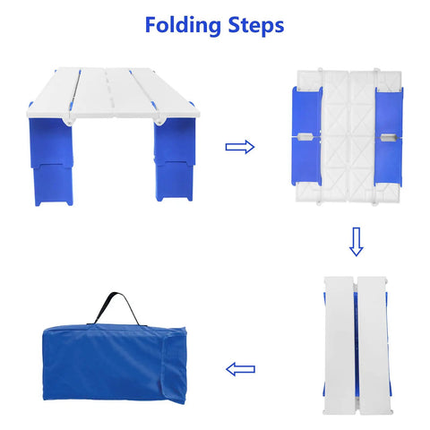 Folding steps of Grab-And-Go Portable Folding Beach Table For Sand With Carry Bag Ultra Lightweight Outdoor Side Table For Camping Picnic And BBQ Adjustable Height Blue.