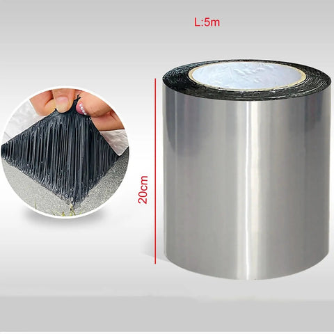 Self Adhesive Polymer Modified Bitumen Roofing Tape with Thick Aluminum Foil for Waterproofing Sheds Rock Solid Leak Repair Heavy Duty Insulation Roll 8 Inches X 16 Feet shown in a roll, hand applying to a surface.