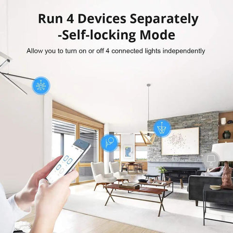 Living room with a person using a phone to control lights via the 4 Channel WiFi Smart Switch For Home Automation, 4 Gang DIN Rail Mount.