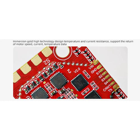 Close-up of immersion gold PCB on 60A 4-In-1 ESC BL32 For 3-6S FPV Racing Drones Freestyle with visible labels and circuits