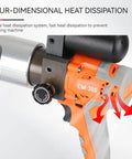 Pro Level Kick Butt Electric Hydraulic Crimping Tool With Rechargeable 18V Lithium Battery, showing heat dissipation features and control dial.