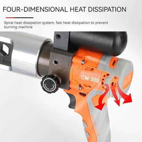 Pro Level Kick Butt Electric Hydraulic Crimping Tool With Rechargeable 18V Lithium Battery, showing heat dissipation features and control dial.