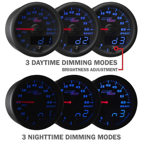 MaxTow Double Vision 100 PSI Oil Pressure Gauge Kit, six black faces with blue LED, analog and digital readouts