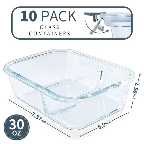Two Compartment Glass Meal Prep Containers Pack Of 10 With Lids, 30 Oz Each, Airtight Food Storage showing dimensions