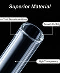 Close-up of 12-inch borosilicate glass tube from Dope 20 Piece Set Of 12 Inch Borosilicate Glass Tubes With 12 Mm Outer Diameter And 8 Mm Inner Diameter 2 Mm Thick Walls Clear Bubble Tubing For Lab Experiments Art DIY Projects Plus Four Cleaning Brushes, showing smooth cut edge.
