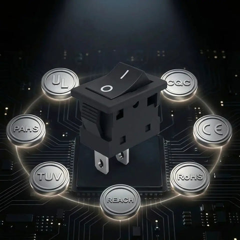 KCD1 Power Switch Two Pack 6A 125V and 250V AC Boat Rocker On Off Toggle Switch With Two Pins Two Position UL Listed surrounded by compliance icons