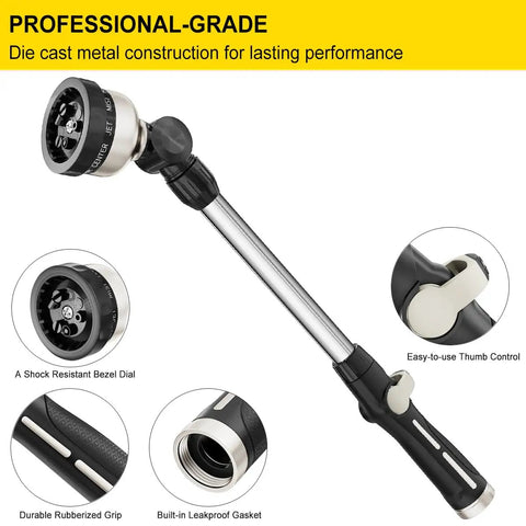16 Inch Metal Watering Wand With 9 Spray Patterns, Built Tough Garden Hose Nozzle, durable aluminum core, thumb control