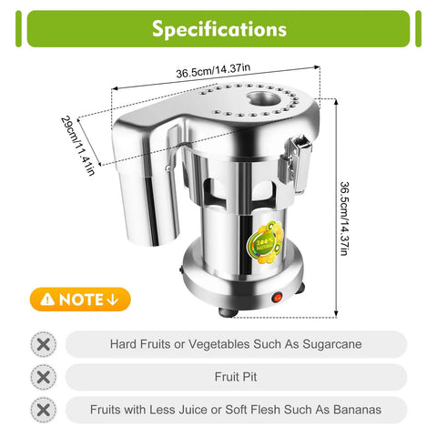 Fresh 370W Commercial Electric Juicer With Auto Pulp Separator And High Speed Motor with dimensions in stainless steel design.