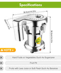 Get The Good Stuff With This 110V Commercial Electric Juice Extractor, stainless steel design with dimensions and specifications.