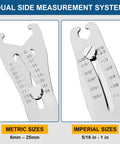 Close-up of Bolt Size Finder Tool Keychain Gauge for DIY Mechanics, showing metric and imperial size scales, stainless steel.